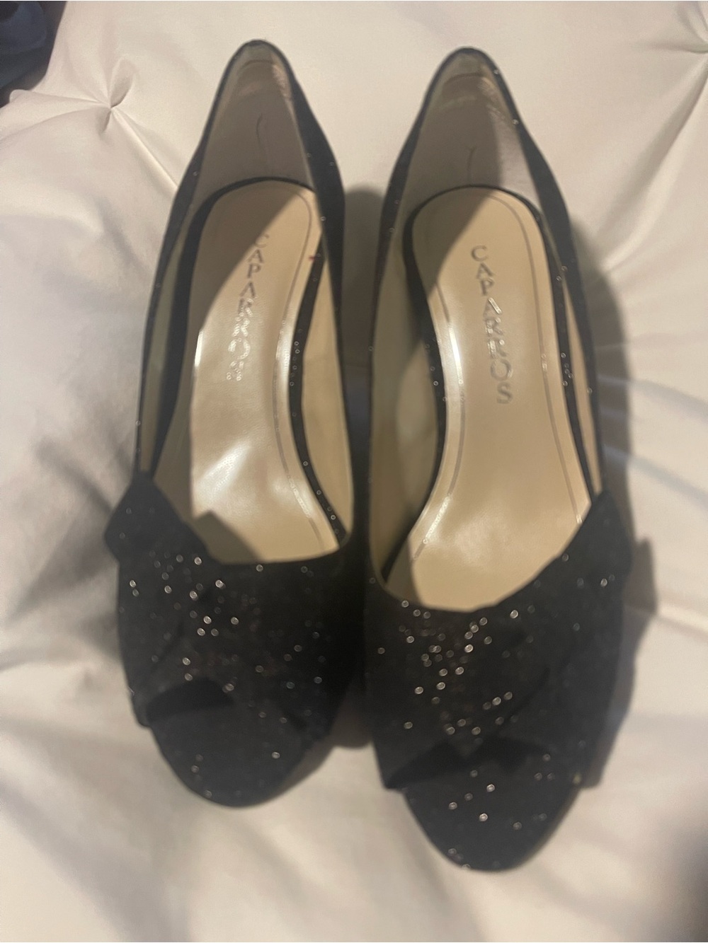 Caparros Black Glitter Peep-Toe Heels with Bow Detail